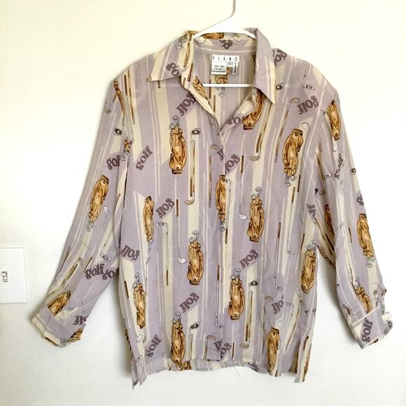 Vtg PIANO Long Sleeve Button-Down Silk Golf-Themed Print Sz L - Picture 1 of 10